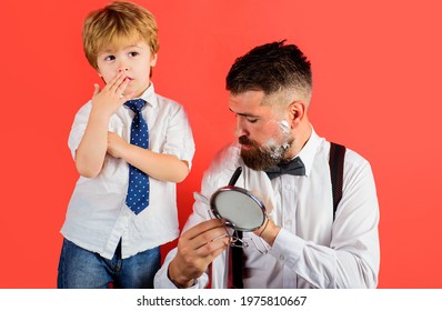 Fathers Day. Son And Father Shaving Beard. Family Time. Assistant For Dad. Little Barber. Barbershop.