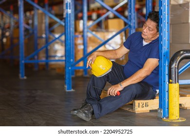 Fatigue Senior Adult Worker Napping Sleep At Work Exhausted. Warehouse Industry Employee Sleeping Tired From Hard Working.