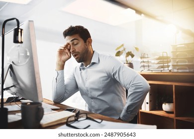 Fatigue, yawn and exhausted businessman in office on computer working for deadline, pressure or online report. Corporate demand, overtime or tired database administrator with eye strain or burnout