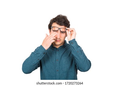 Fatigued Businessman Rubbing His Eyes Can't Focus On Daily Work Due Poor Eyesight, Isolated On White Background. Farsightedness, Myopia Health Problem, Suffering Eye Strain, Sore And Tiredness.