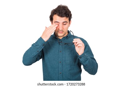 Fatigued Businessman Rubbing His Eyes Can't Focus On Daily Work Due Poor Eyesight, Isolated On White Background. Farsightedness, Myopia Health Problem, Suffering Eye Strain, Sore And Tiredness.