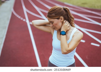 A fatigued female athlete takes a break on the running track. She wears a fitness watch and stretches her neck, reflecting post-workout exhaustion and determination. - Powered by Shutterstock