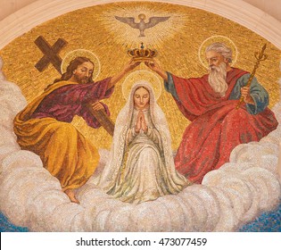 FATIMA, PORTUGAL - JULY 23, 2016: Painting Of The Coronation Of Mother Mary By The Holy Trinity At The Sanctuary Of Fatima In Portugal.