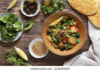 Fattoush Salad. Lebanese Vegetables Salad With Roasted Flatbread. Selective Focus