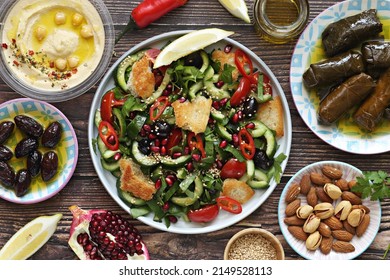 Fattoush Salad. Lebanese Vegetables Salad With Roasted Flatbread. Selective Focus