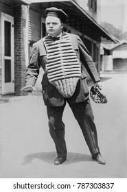 Fatty Arbuckle, American Actor, In Baseball Catchers Uniform Movie Set, C. 1920. His Full Name Was Roscoe Conkling Arbuckle, After The NYC Politician, Congressman, And Senator. It Was Said That His Fa