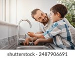 Faucet, kitchen or washing hands with father and son in home together for bonding, child development or hygiene. Bacteria, sink and water with single parent man teaching boy child how to clean