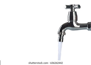 Faucet And Water Flow On White Background