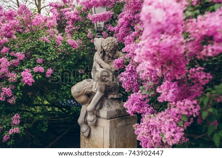 Faun Statue, background of blooming lilacs,Lazienki in Warsaw 