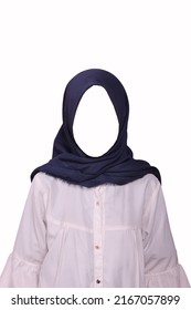 Faux white t-shirt, isolated front view. Blue hijab female model wearing plain white shirt mockup. T-shirt design templates. photo editing user - Shutterstock ID 2167057899