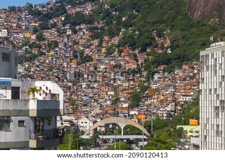 Favela da Rocinha in Rio de Janeiro, Brazil - October 22, 2021: Favela da Rocinha, seen from the Sao Conrado neighborhood in Rio de Janeiro.