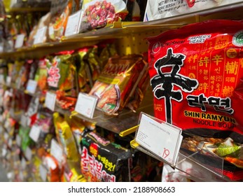 Favourite Spicy Foreign Noodles On The Indonesian Supermarket Shelf, Taken On Early August 2022 Using Handheld