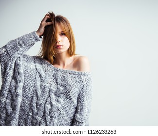 Favourite Sweater. Pretty Woman In Fashion Sweater. Woman With Makeup And Stylish Hair. Beauty Girl With Glamour Look. Fashion And Beauty, Copy Space.