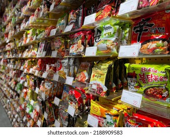 Favourite Various Foreign Noodles On The Indonesian Supermarket Shelf, Taken On Early August 2022 Using Handheld