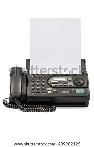 Fax machine with document, isolated on white background