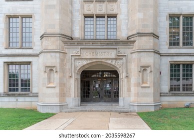 Fayetteville, AR United States Of America - August 21st, 2021 : Entrance To Chemistry Building On University Of Arkansas Campus.  Close Up View Of Exterior Facade, With No People.