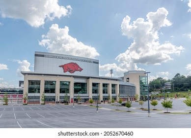 Fayetteville, AR United States Of America - August 19th, 2021 : Donald W Reynolds Razorback Stadium, View Of Empty Parking Lot With Main Entrance.