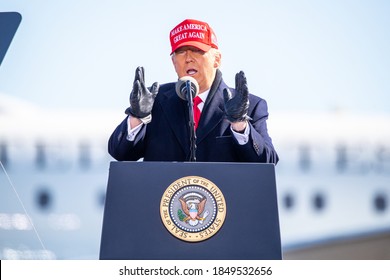 Fayetteville, NC / USA - 11/02/20: Republican Presidential Candidate and current POTUS Donald J Trump holds a Make America Great Again Victory Rally at the Fayetteville Regional Airport.



