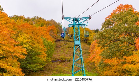 FAYSTON, VERMONT, USA - OCTOBER 6, 2018:  Fall Foliage And Single Chair Lift At Mad River Glen Ski Area.