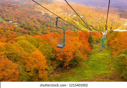 FAYSTON, VERMONT, USA - OCTOBER 6, 2018:  Fall Foliage And Single Chair Lift At Mad River Glen Ski Area.