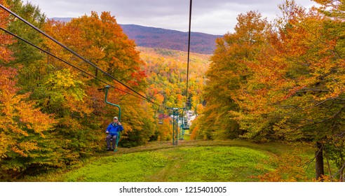 FAYSTON, VERMONT, USA - OCTOBER 6, 2018:  Fall Foliage And Single Chair Lift At Mad River Glen Ski Area.