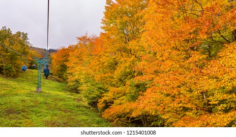 FAYSTON, VERMONT, USA - OCTOBER 6, 2018:  Fall Foliage And Single Chair Lift At Mad River Glen Ski Area.