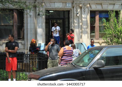 FDNY New York City Fire Department Responding To Fire On Pacific Street In The Crown Heights Section Of Brooklyn With People Outside On A Sunny Summer Day In NY July 3 2019