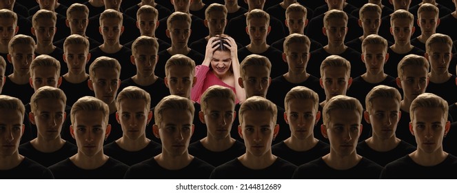 Fear, Anger. Top View Of Grey Crowd Of Identical People With Same Emotions And One Different Young Girl. Diversity, Stand Out From The Crowd Concept. Unique Among Faceless, Not Like Everyone Else.