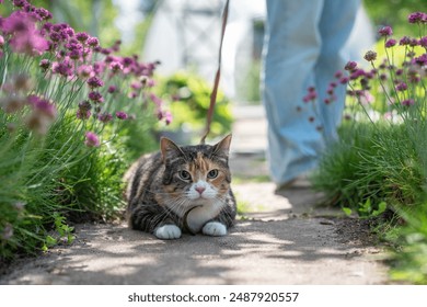 Fearful, interested kitty exploring world around, remembering new smells, sounds, places, locations. Frightened kitten gets unusual experience. Female owner taking pet out for walk for first time.