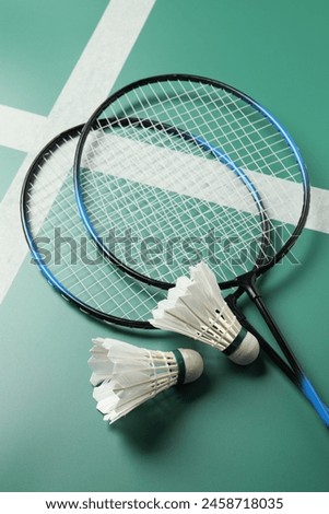 Feather badminton shuttlecocks and rackets on green table