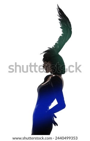 Feather, fashion and unique style woman in a studio with head piece, bird hat and art with gothic creativity. Crow, silhouette and shadow with fantasy and with goth trend and white background