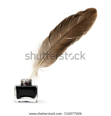 Feather pen into the inkwell. Isolated on a white background.