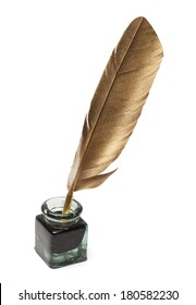 Feather Quill and Glass Ink Bottle Isolated on White Background.