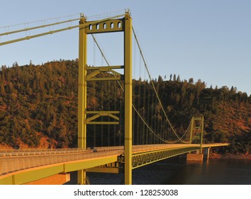 The Feather River Suspension Bridge Over Lake Oroville Near Oroville, California.