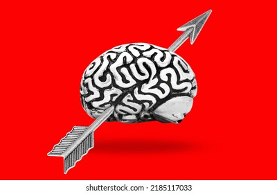 Feathered Steel Arrow Entered A Human Brain Isolated On Red Background. Fast Decision Taking Concept.