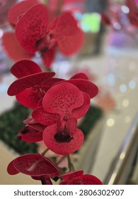 features a vibrant, close-up view of a vertical stem of deep red orchid flowers, likely a variety of Phalaenopsis (moth orchid).
​Key Details
​Color Palette: The dominant color is a striking, rich crimson or deep red. The center of the blossoms (the lip or labellum) transitions into a very dark, almost blackish-maroon shade.
​Patterns and Texture: The wide petals are covered in an intricate pattern of darker red speckles and spots, adding depth and a velvety look to the flowers. The edges of some petals feature thin, lighter margins that outline their shape.
​Composition and Focus: The orchids are arranged vertically along a stem running down the left-center of the frame. The camera uses a shallow depth of field, keeping the middle cluster of red orchids in sharp focus while the orchids above and below are slightly softened.
​Background: The background is highly blurred (bokeh), showing a bright, modern indoor environment—likely a shopping mall or hotel lobby—with hints of glass railings, soft lighting, and faint pink floral arrangements in the distance.