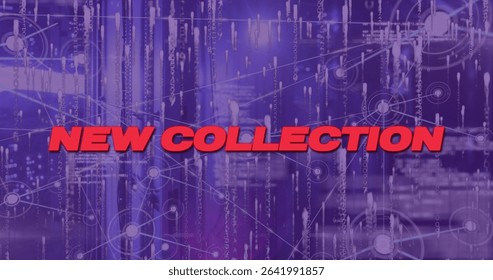 Featuring bold red NEW COLLECTION text floating over purple digital interface, with binary code. Technology, cybersecurity, innovation, digital, futuristic, network, data