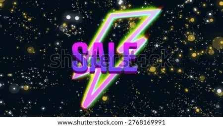 Featuring centered neon lightning bolt glowing on cosmic backdrop, with 3D SALE and bokeh. Banner, promo, graphic, vibrant, electric, halo, space