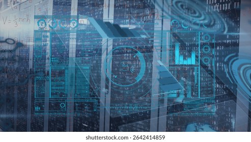 Featuring central server racks showing glowing data charts in server room, with cabling. Technology, data center, networking, cyber, digital, futuristic, infrastructure