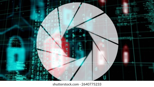 Featuring central white aperture icon overlaying security interface, with padlock and code streams. Cybersecurity, digital, encryption, data protection, technology, futuristic, security