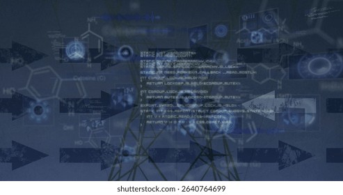 Featuring code snippet overlaying chemical formulas and network lines with arrows in tech graphic. Technology, data, networking, science, digital, abstract, connectivity