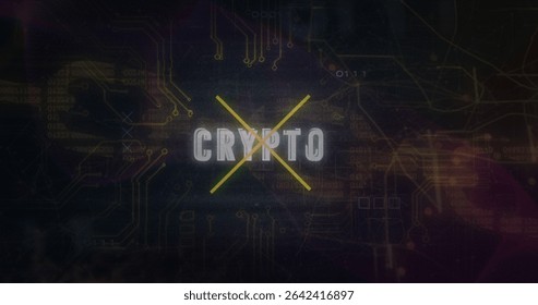 Featuring CRYPTO letters intersecting yellow lines over virtual circuit board, binary code overlays. Futuristic, technology, digital, innovation, cybersecurity, network, data