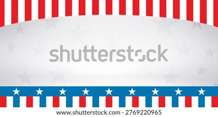 Featuring flat banner with vertical stripes bordering white panel and stars, bottom blue star band. Patriotic, graphic design, emblem, symbolism, celebration, americana, theme
