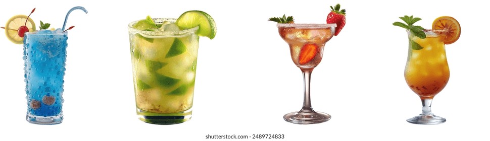 Featuring four different vibrant and refreshing drinks: a blue lagoon with raspberries and lemon, a margarita with lime, a strawberry daiquiri with fresh strawberries, and an iced tea with mint.