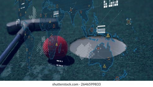Featuring red golf ball with silver putter, rimmed hole on green turf, with world map overlay. Sports, technology, data, digital, landscape, futuristic, visualization