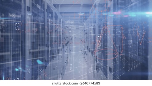 Featuring server room aisle running between server racks, with blue LEDs and floating graphics. Futuristic, technology, digital, innovation, industrial, high-tech, connectivity - Powered by Shutterstock - Get 15% off with code: PIKWIZARD15