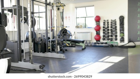 Featuring squat rack or cable machine occupying left of gym, with plates, bench, dumbbells, copy space. Fitness, interior, sunlight, windows, multifunctional, kettlebells, rubber