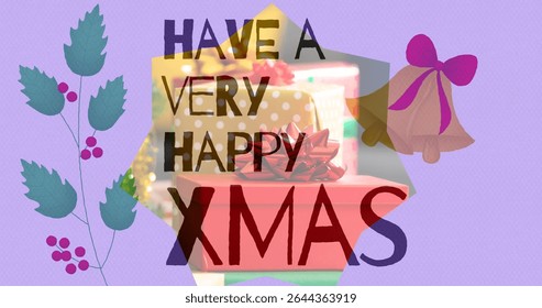 Featuring stacked gift boxes beneath XMAS greeting in XMAS card with holly leaves, golden bells. Festive, celebration, seasonal, cheerful, decorative, joyful, greeting