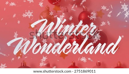 Featuring white Winter Wonderland script on pink gradient with red gold baubles stars snowflakes. Handlettering, ornaments, poster, festive, glitter, elegant, graphicdesign