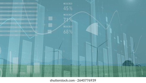 Featuring wind turbines standing on grassy plain, with bar charts, line graph and percent overlays. Renewable energy, sustainability, climate action, clean technology, data visualization,